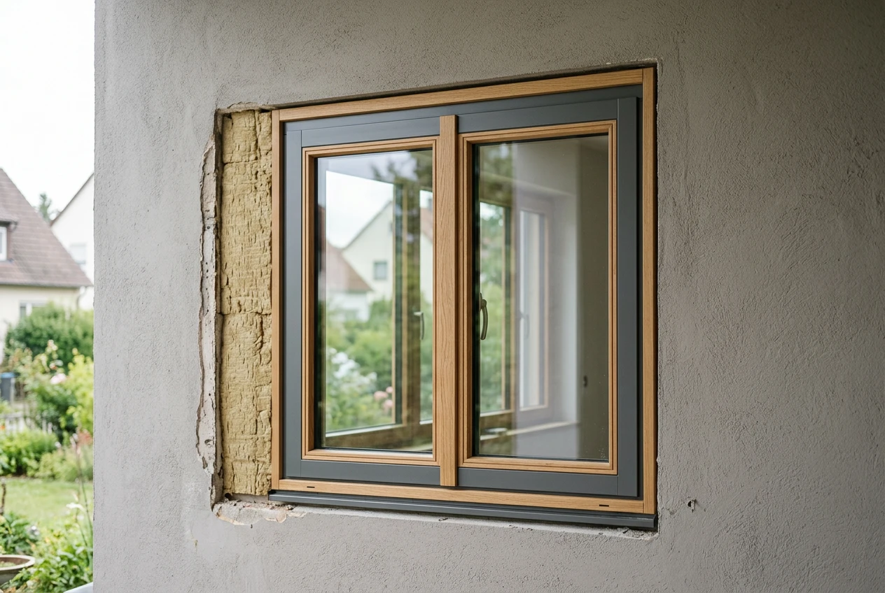 Neue gut gedämmte Fenster an der Fassade eines Wohnhauses
