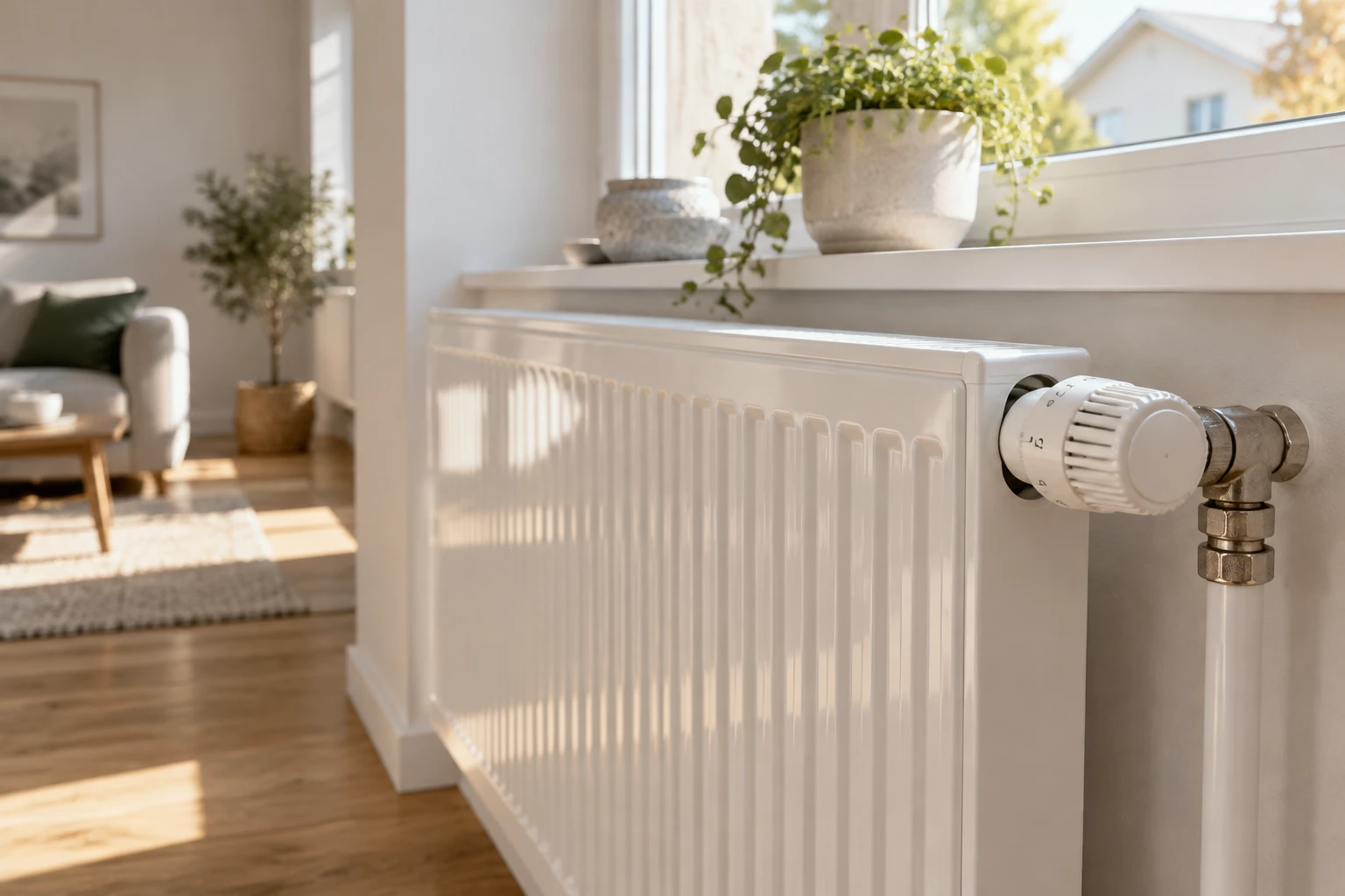Heizkörper und Thermostatventil in einem hellen Wohnraum